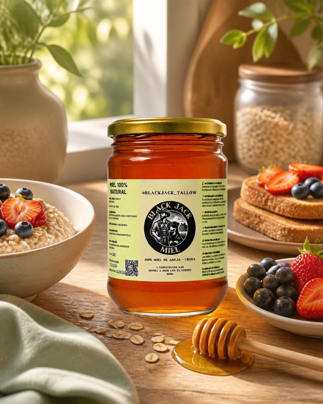 Frasco de miel cruda Black Jack Tallow sobre mesa de desayuno con avena, frutas y tostadas