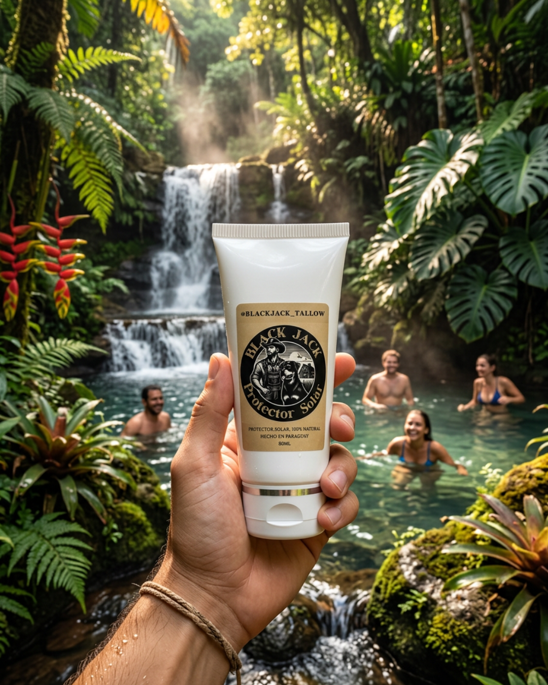 Tubo de Protector Solar Black Jack Tallow en una aventura junto a una cascada natural al aire libre