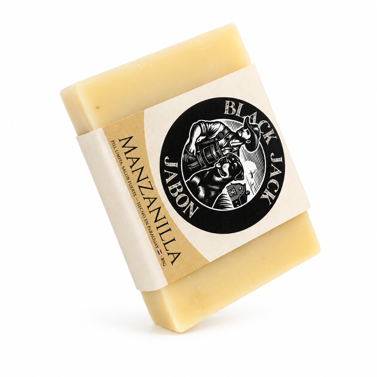 Jabón artesanal Black Jack aroma Manzanilla, 85g, con logo de vaquero y perro, hecho en Paraguay

