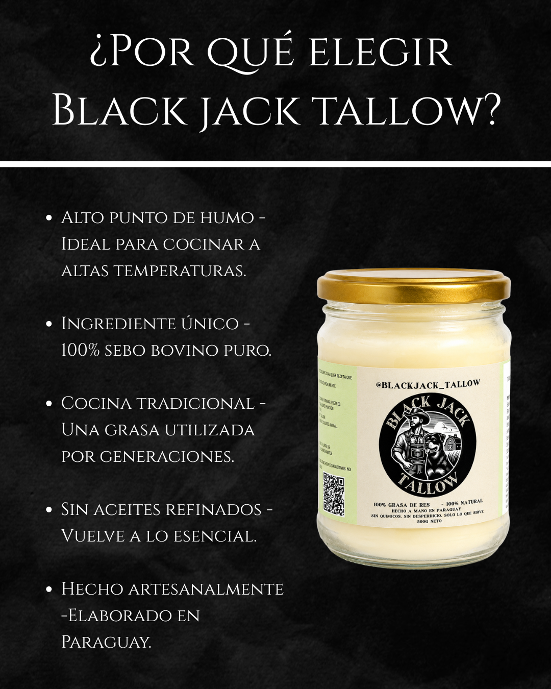 Infografía de beneficios de Black Jack Tallow: alto punto de humo, 100% sebo bovino puro y hecho en Paraguay