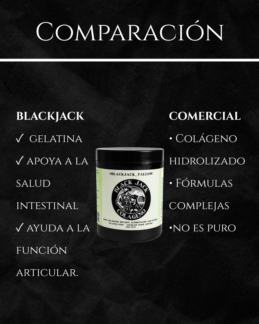 Comparación del Colágeno Black Jack (gelatina, apoya la salud intestinal y articular) frente al colágeno comercial hidrolizado

