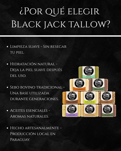 Infografía ¿Por qué elegir Black Jack Tallow?: limpieza suave, hidratación natural, sebo bovino tradicional, aceites esenciales y hecho artesanalmente en Paraguay

