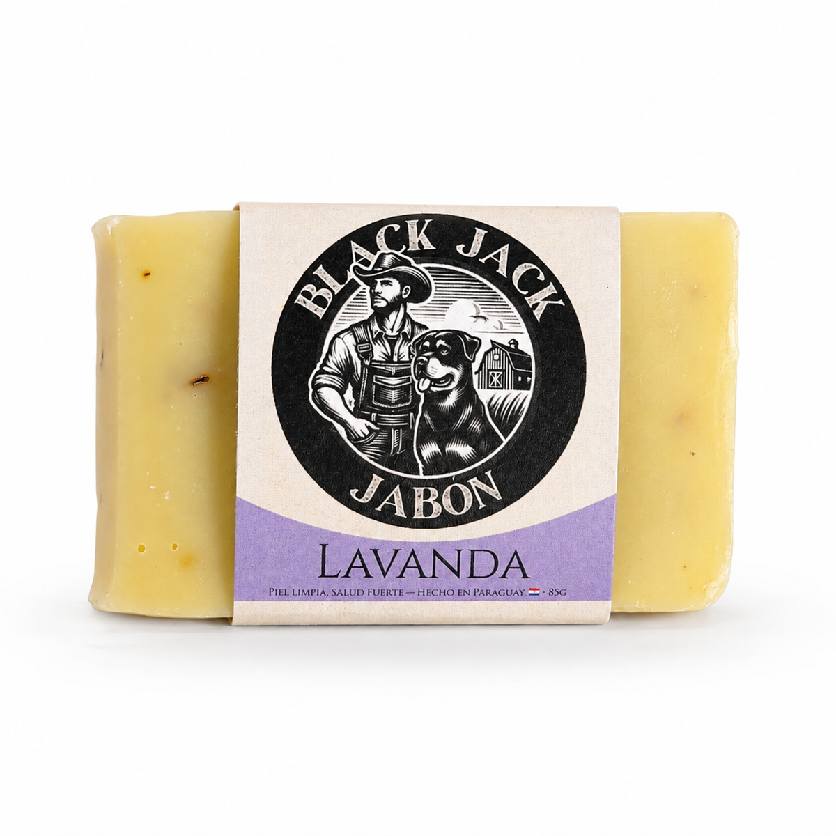 Jabón artesanal Black Jack aroma Lavanda, 85g, banda lila, hecho en Paraguay

