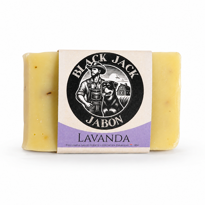 Jabón artesanal Black Jack aroma Lavanda, 85g, banda lila, hecho en Paraguay


