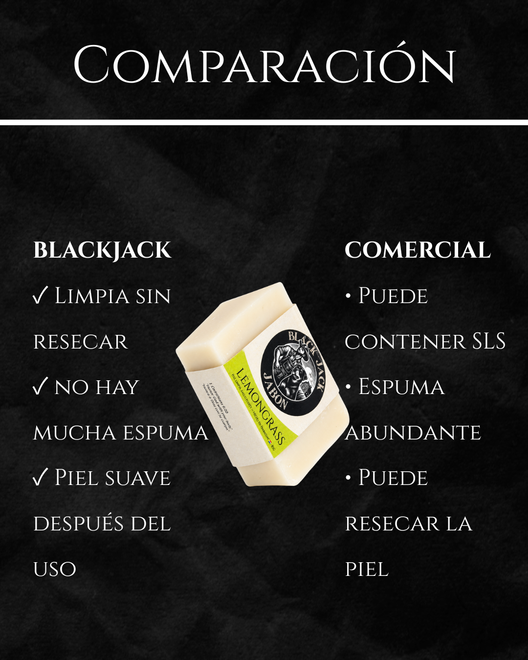 Comparación del jabón Black Jack (limpia sin resecar, sin SLS, piel suave) frente al jabón comercial

