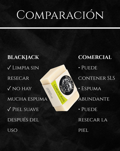 Comparación del jabón Black Jack (limpia sin resecar, sin SLS, piel suave) frente al jabón comercial

