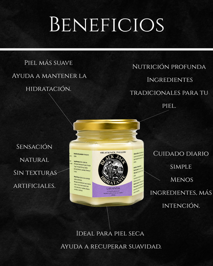 Infografía de beneficios de la crema hidratante sólida Black Jack Tallow: piel más suave, nutrición profunda, sensación natural e ideal para piel seca

