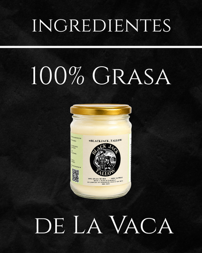 Gráfico de ingredientes: 100% grasa de res, frasco de Black Jack Tallow sobre fondo negro