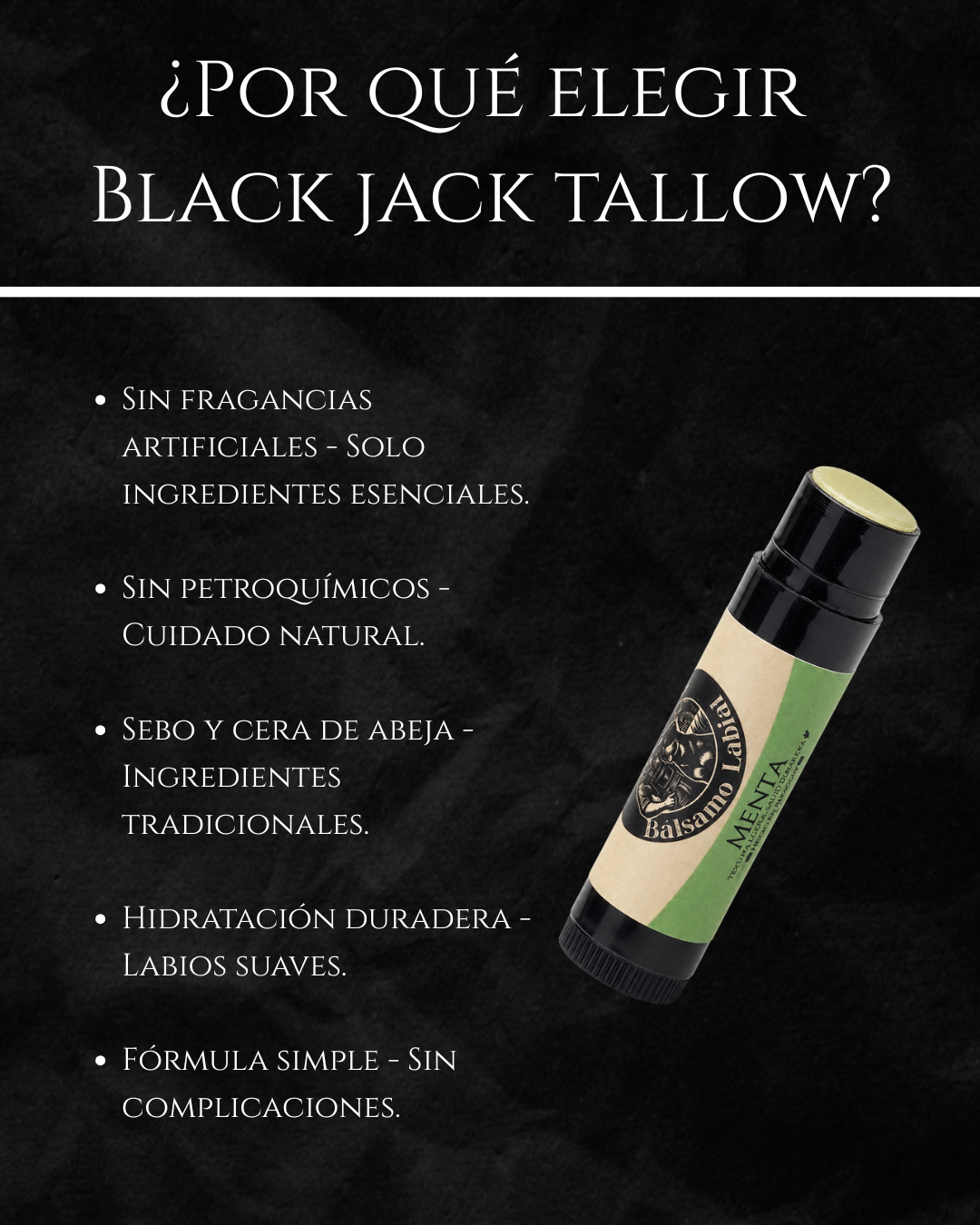 Infografía ¿Por qué elegir Black Jack Tallow?: sin fragancias artificiales, sin petroquímicos, sebo y cera de abeja, hidratación duradera y fórmula simple

