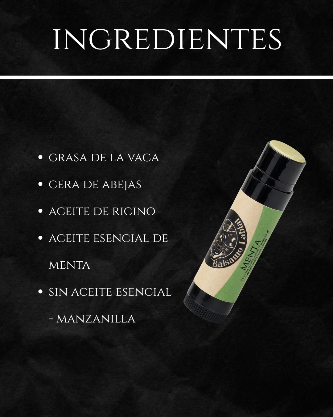 Gráfico de ingredientes del bálsamo labial Black Jack Tallow: grasa de vaca, cera de abejas, aceite de ricino y aceite esencial de menta


