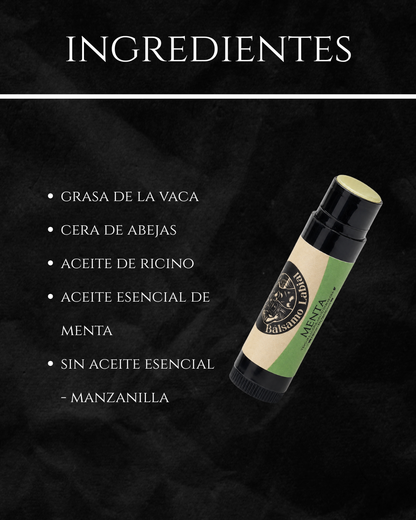 Gráfico de ingredientes del bálsamo labial Black Jack Tallow: grasa de vaca, cera de abejas, aceite de ricino y aceite esencial de menta

