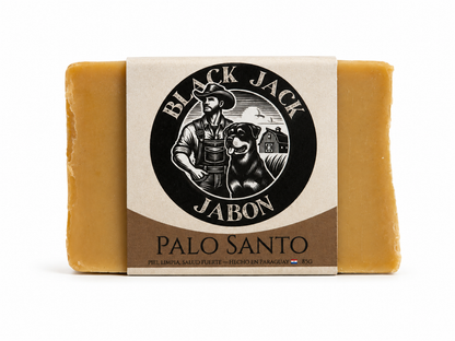Jabón artesanal Black Jack aroma Palo Santo, 85g, banda marrón, hecho en Paraguay

