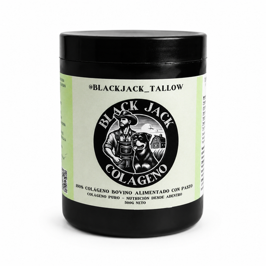Frasco negro de Colágeno Bovino Black Jack Tallow 500g con etiqueta verde