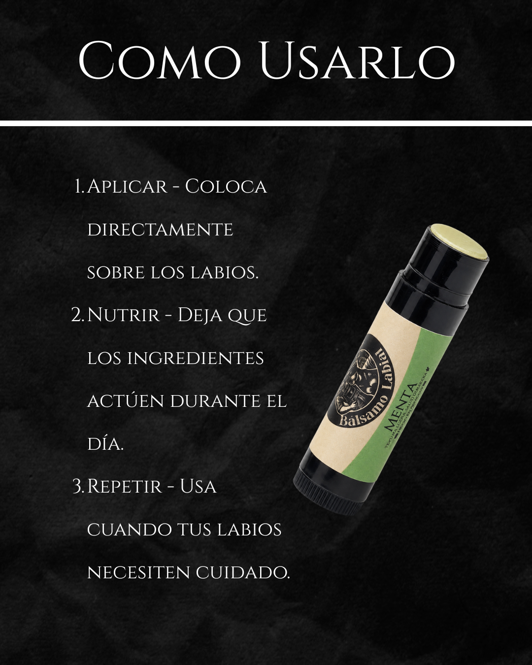 Guía de uso del bálsamo labial Black Jack Tallow: aplicar sobre los labios, nutrir durante el día y repetir cuando se necesite

