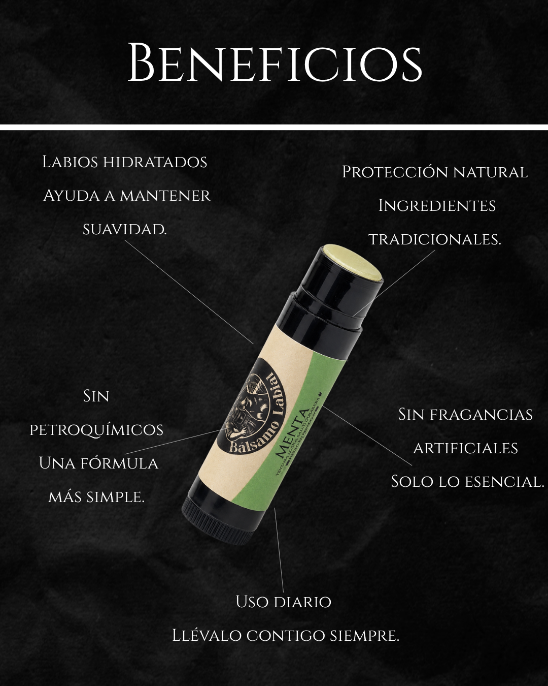 Infografía de beneficios del bálsamo labial Black Jack Tallow: labios hidratados, protección natural, sin petroquímicos, sin fragancias artificiales y uso diario

