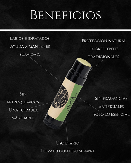 Infografía de beneficios del bálsamo labial Black Jack Tallow: labios hidratados, protección natural, sin petroquímicos, sin fragancias artificiales y uso diario

