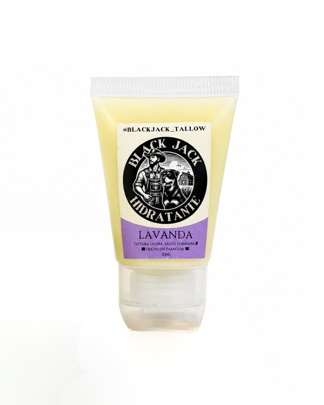 Tubo plástico de 30ml de crema hidratante sólida Black Jack Tallow aroma Lavanda, textura ligera, Hecho en Paraguay

