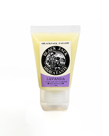 Tubo plástico de 30ml de crema hidratante sólida Black Jack Tallow aroma Lavanda, textura ligera, Hecho en Paraguay

