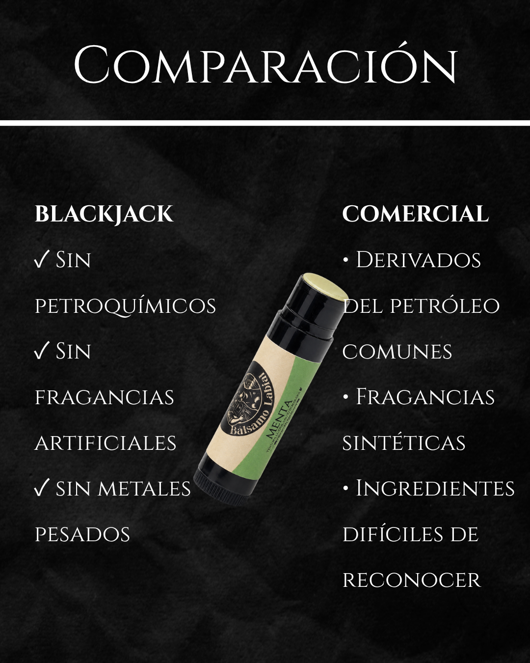 Comparación del bálsamo labial Black Jack Tallow (ingredientes naturales, sin petroquímicos ni fragancias artificiales) frente a los bálsamos labiales comerciales

