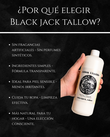 Infografía ¿Por qué elegir Black Jack Tallow?: sin fragancias artificiales, ingredientes simples, ideal para piel sensible, limpieza efectiva y elección consciente para el hogar

