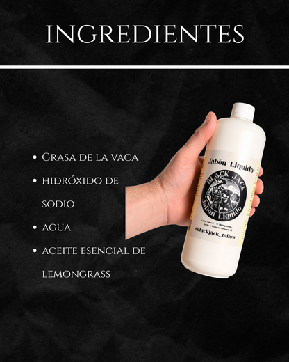 Gráfico de ingredientes del Jabón Líquido Black Jack para ropa: grasa de vaca, hidróxido de sodio, agua y aceite esencial de lemongrass

