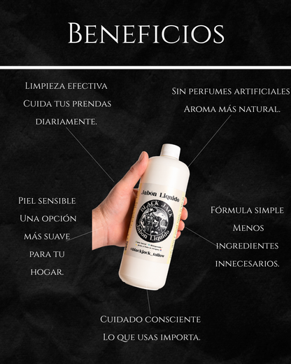 Infografía de beneficios del Jabón Líquido Black Jack para ropa: limpieza efectiva, sin perfumes artificiales, apto para piel sensible, fórmula simple y cuidado consciente

