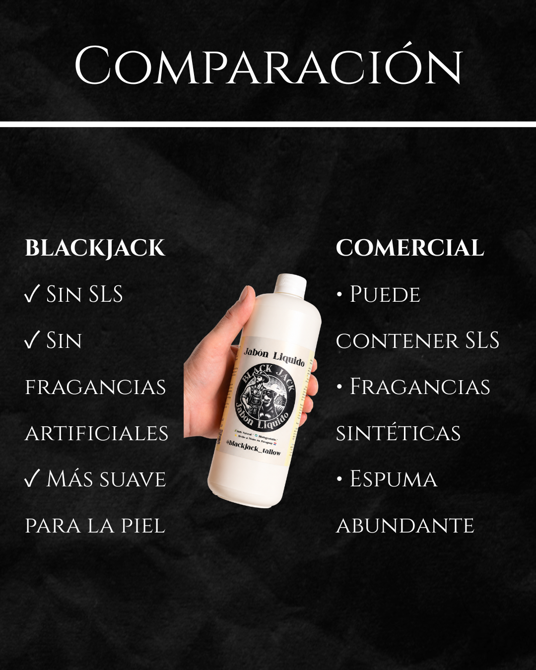 Comparación del Jabón Líquido Black Jack para ropa (biodegradable, sin fragancias artificiales, ingredientes naturales) frente a los detergentes comerciales

