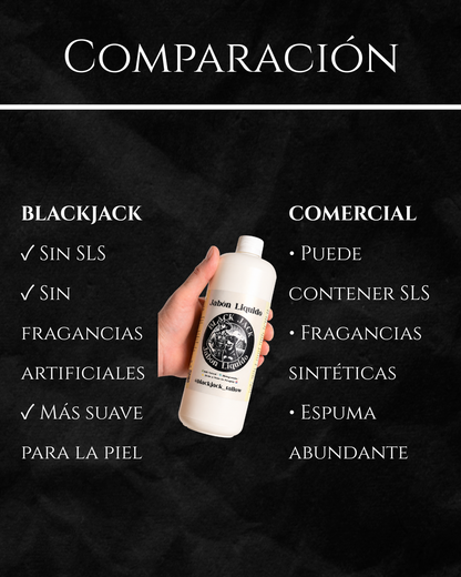 Comparación del Jabón Líquido Black Jack para ropa (biodegradable, sin fragancias artificiales, ingredientes naturales) frente a los detergentes comerciales

