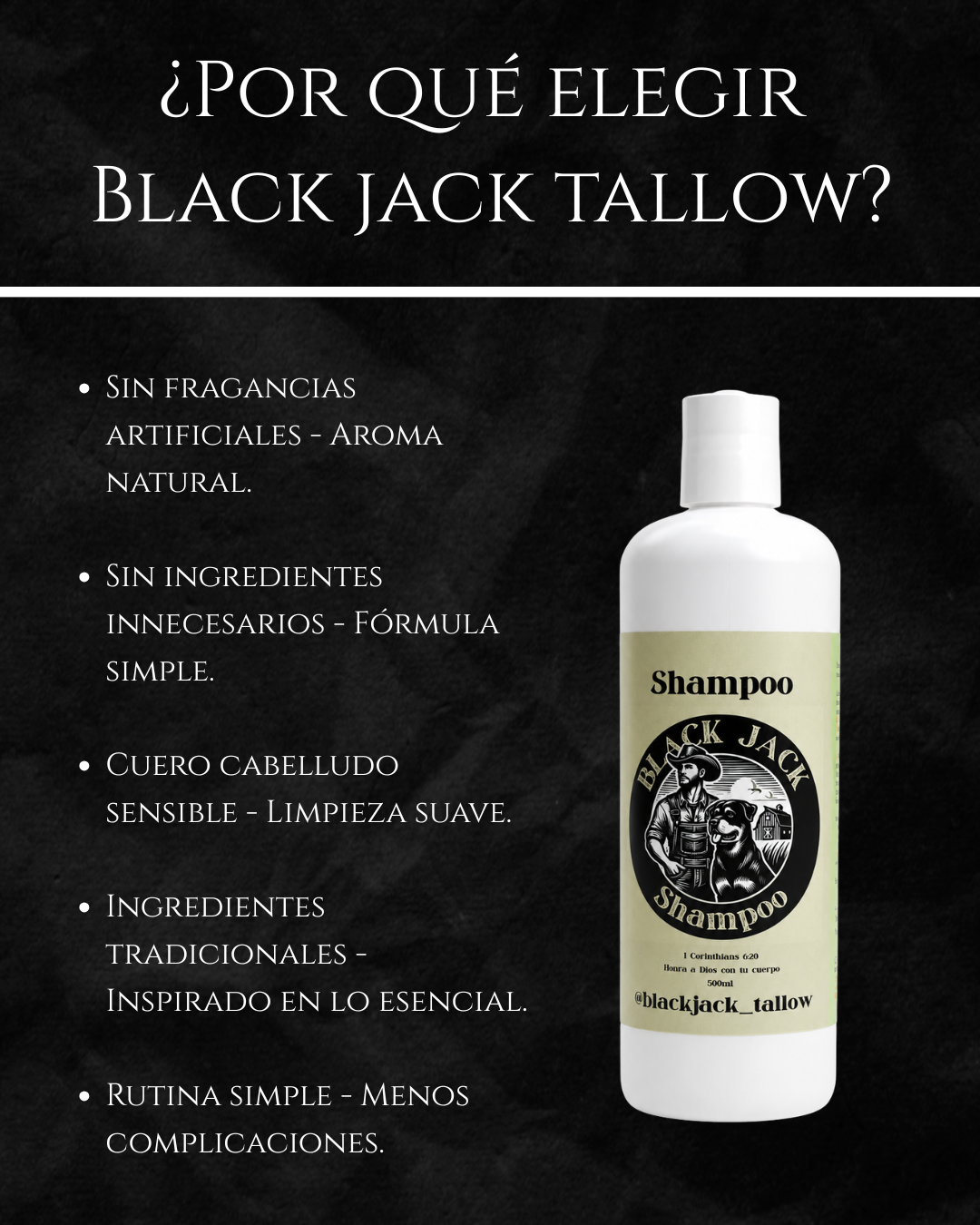 Infografía ¿Por qué elegir Black Jack Tallow?: sin fragancias artificiales, fórmula simple, limpieza suave para cuero cabelludo sensible

