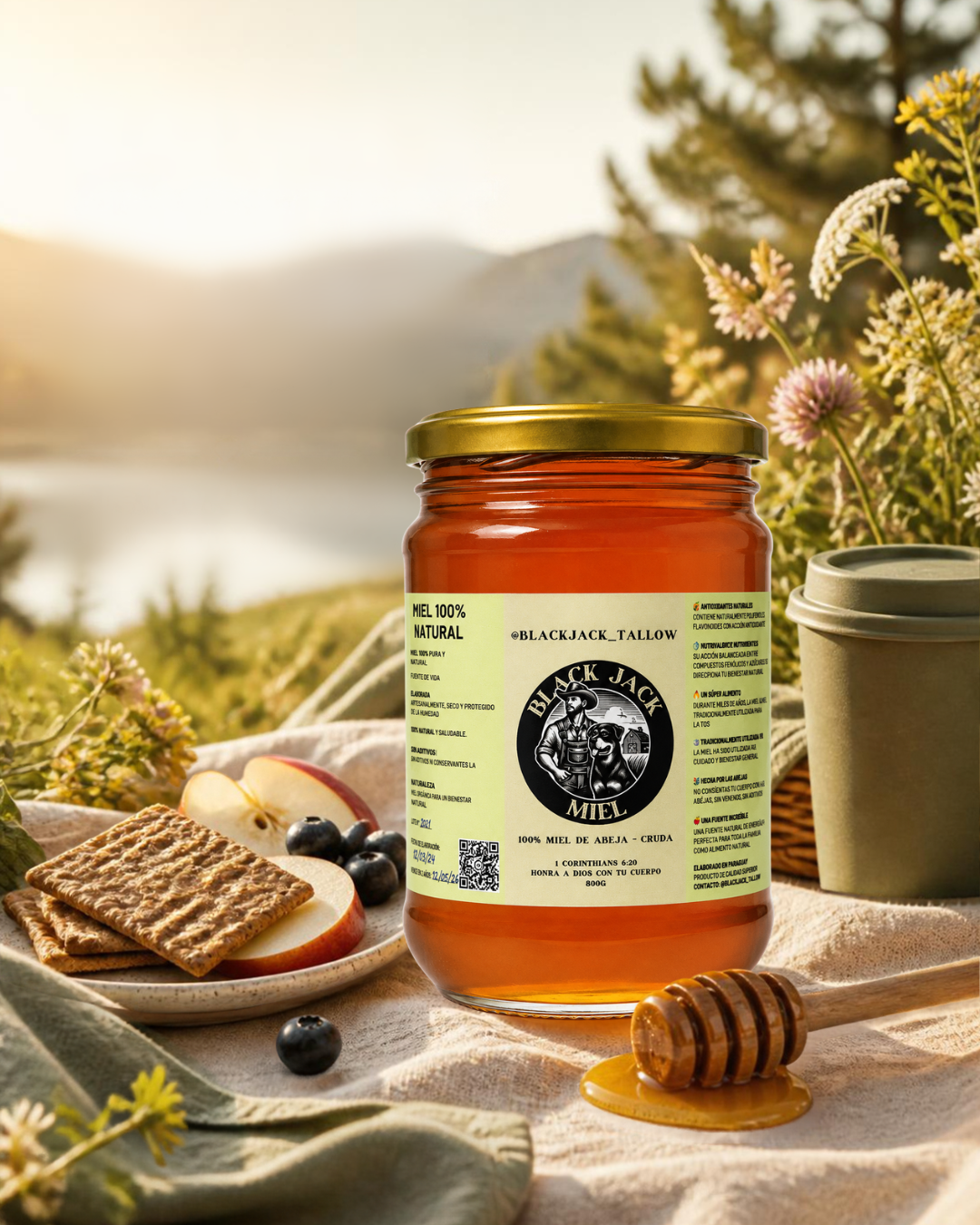 Frasco de miel cruda Black Jack Tallow con frutas y galletas en ambiente natural