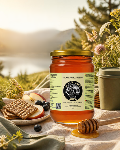 Frasco de miel cruda Black Jack Tallow con frutas y galletas en ambiente natural