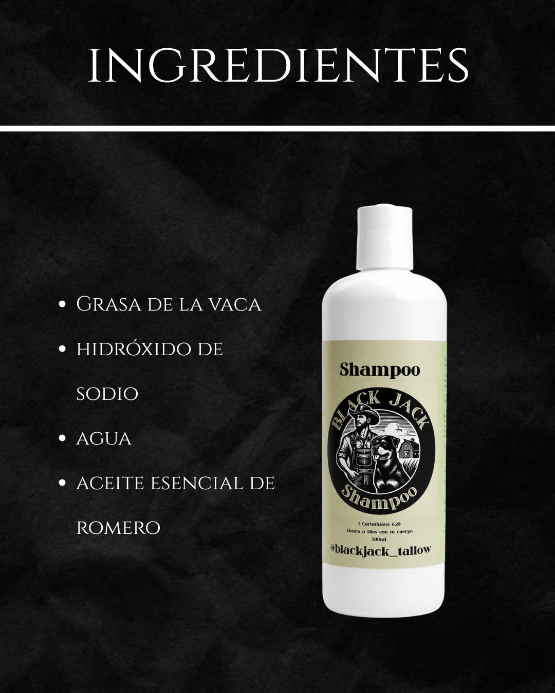 Gráfico de ingredientes del Shampoo Black Jack Tallow: grasa de vaca, hidróxido de sodio, agua y aceite esencial de romero

