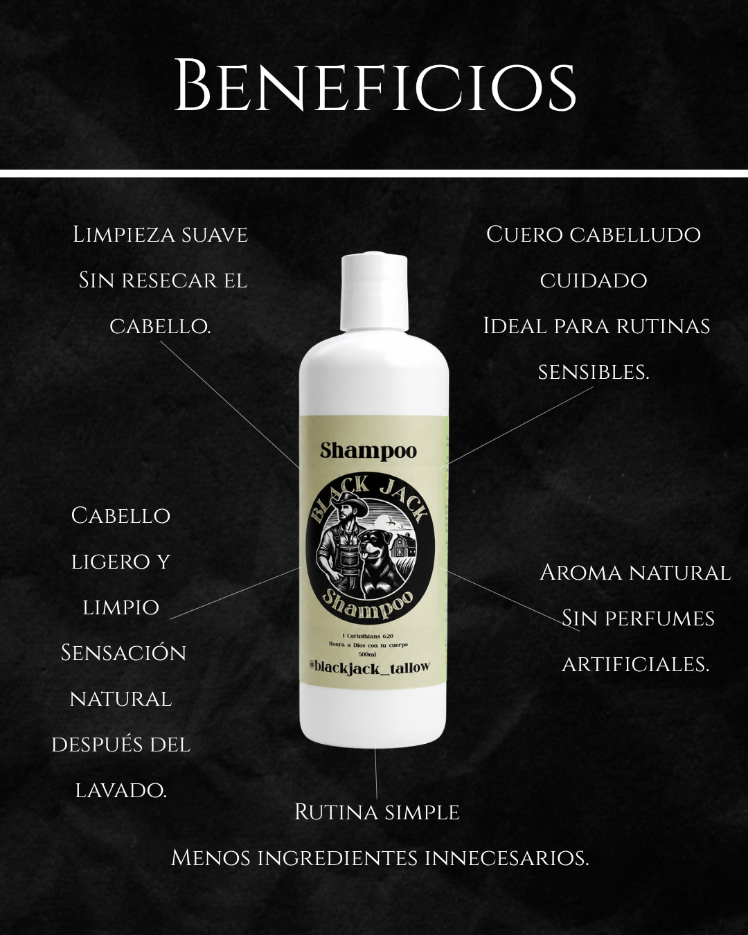 Infografía de beneficios del Shampoo Black Jack Tallow: limpieza suave, cabello ligero, aroma natural e ideal para cuero cabelludo sensible

