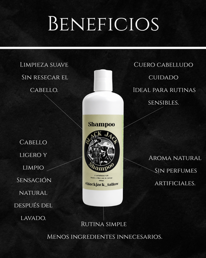 Infografía de beneficios del Shampoo Black Jack Tallow: limpieza suave, cabello ligero, aroma natural e ideal para cuero cabelludo sensible

