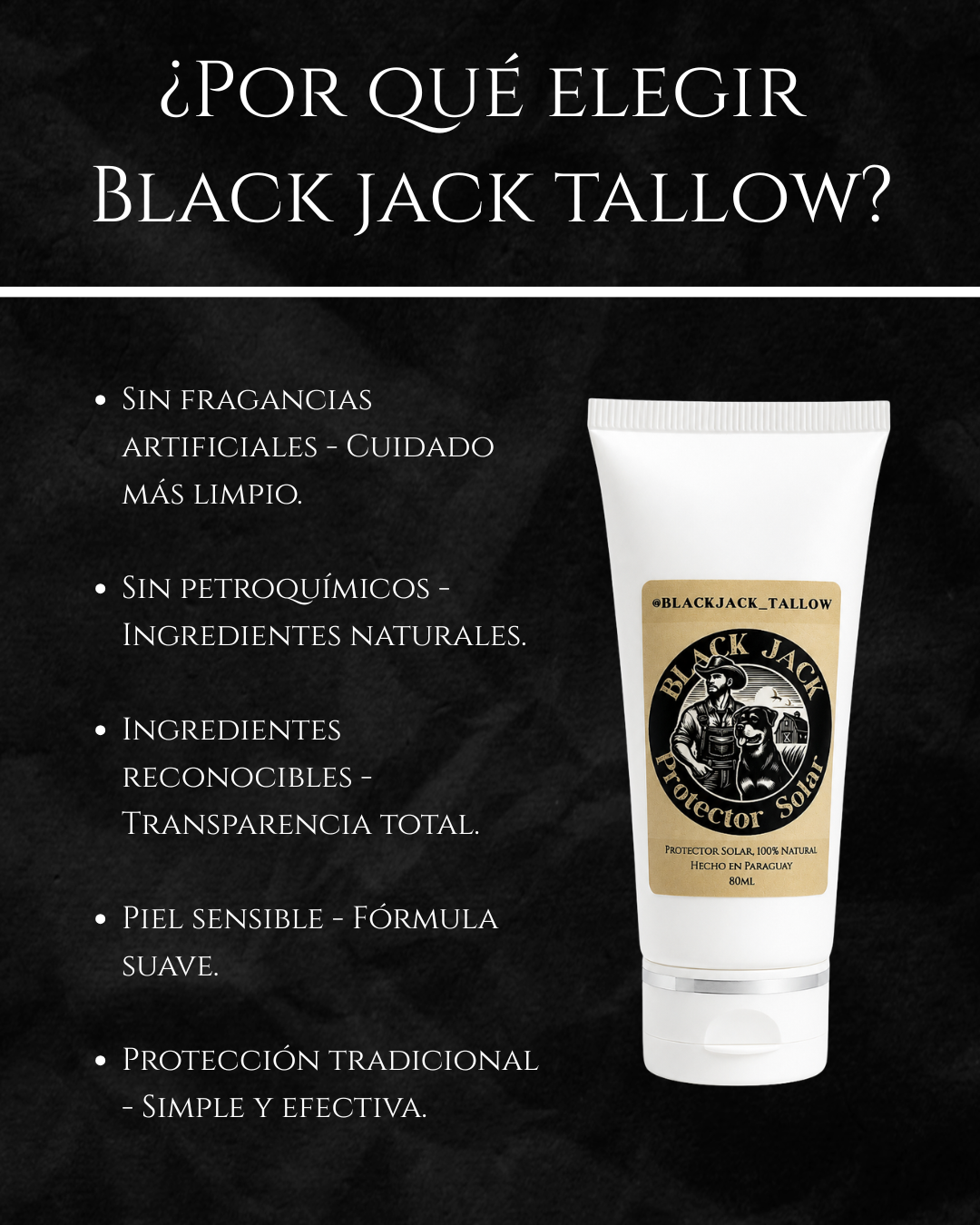 Infografía ¿Por qué elegir Black Jack Tallow?: sin fragancias artificiales, sin petroquímicos, ingredientes reconocibles, apto para piel sensible y protección tradicional

