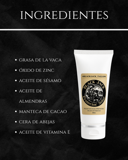 Gráfico de ingredientes del Protector Solar Black Jack Tallow: grasa de vaca, óxido de zinc, aceite de sésamo, aceite de almendras, manteca de cacao, cera de abejas y aceite de vitamina E

