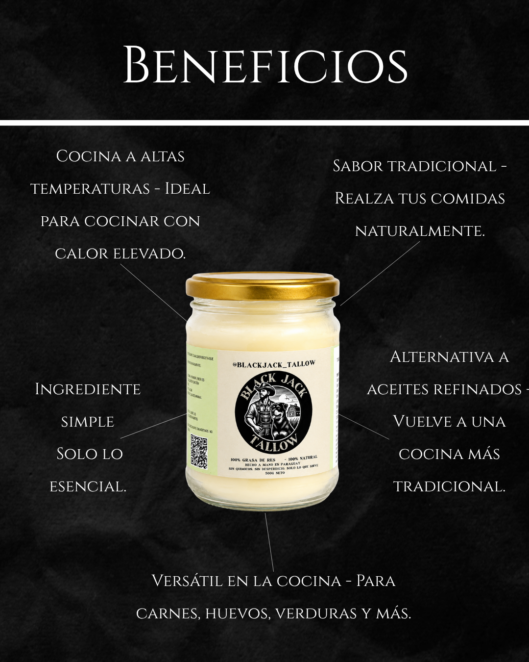 Infografía de beneficios de Black Jack Tallow: cocina a altas temperaturas, sabor tradicional e ingrediente simple