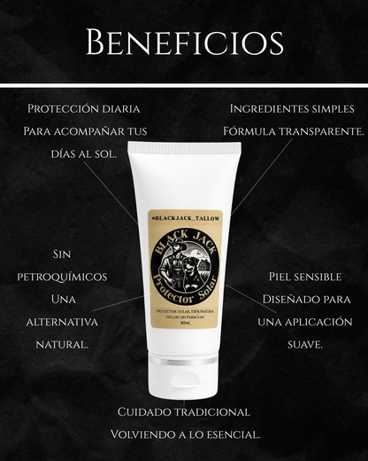 Infografía de beneficios del Protector Solar Black Jack Tallow: protección diaria, ingredientes simples, sin petroquímicos, apto para piel sensible y cuidado tradicional


