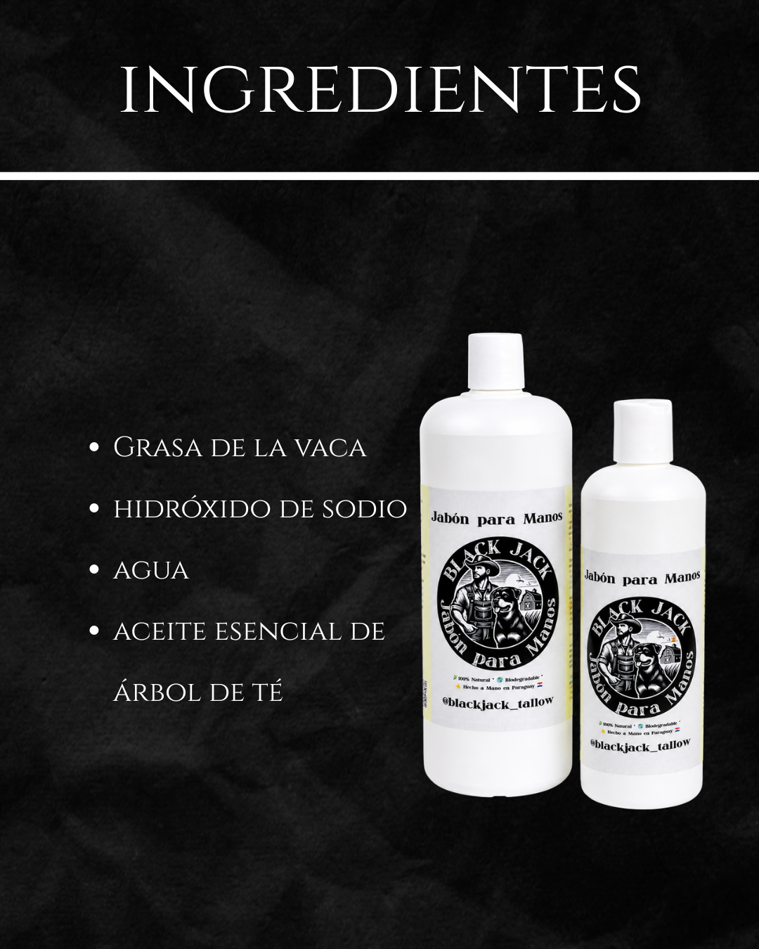 Gráfico de ingredientes del Jabón Líquido para Manos Black Jack: grasa de vaca, hidróxido de sodio, agua y aceite esencial de árbol de té