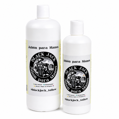 Dos botellas de Jabón Líquido para Manos Black Jack en dos tamaños, 100% natural, biodegradable, Hecho a Mano en Paraguay, sobre fondo blanco

