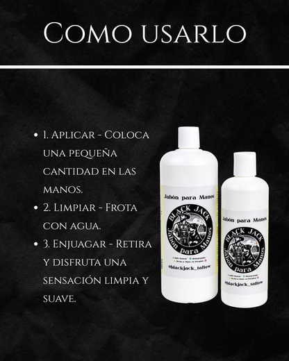 Guía de uso del Jabón Líquido para Manos Black Jack: aplicar una pequeña cantidad, frotar con agua y enjuagar para una sensación limpia y suave

