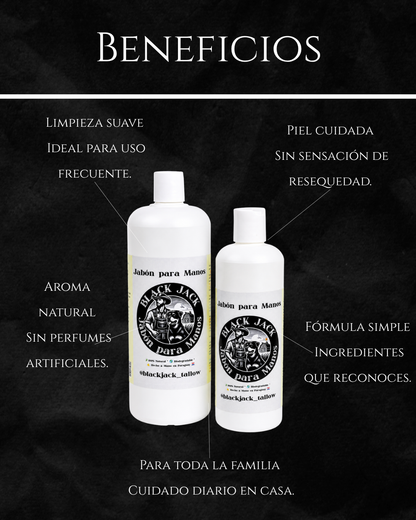 Infografía de beneficios del Jabón Líquido para Manos Black Jack: limpieza suave, piel cuidada, aroma natural, fórmula simple e ideal para toda la familia

