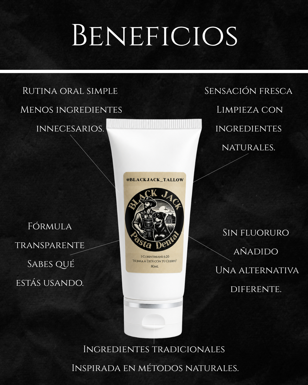 Infografía de beneficios de la Pasta Dental Black Jack Tallow: rutina oral simple, sensación fresca, fórmula transparente, sin fluoruro y limpieza con ingredientes naturales

