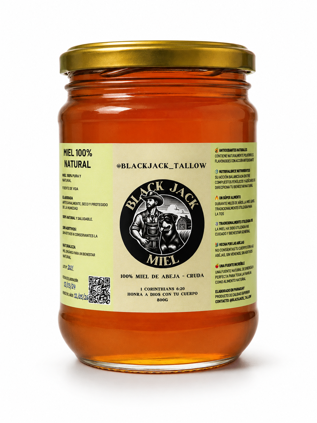 Frasco 800g de miel cruda Black Jack Tallow sobre fondo blanco