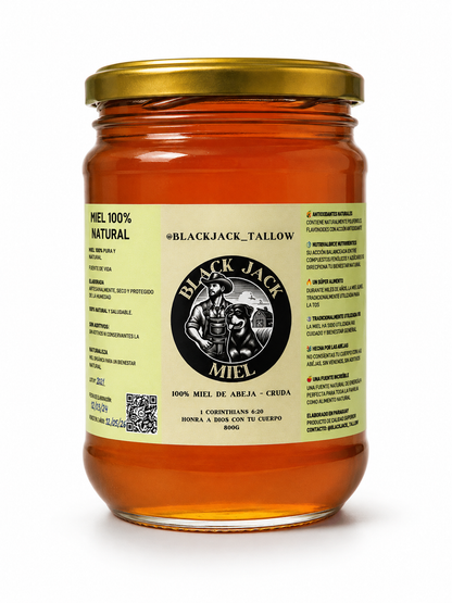 Frasco 800g de miel cruda Black Jack Tallow sobre fondo blanco