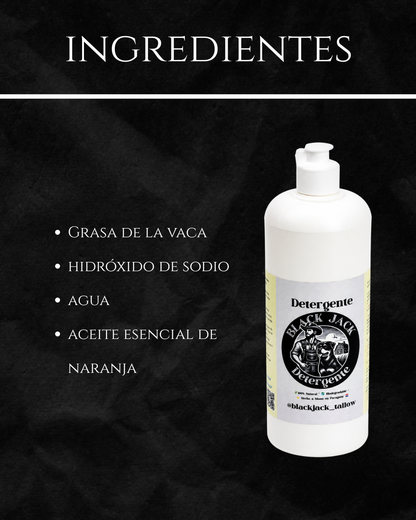 Gráfico de ingredientes del Lavavajillas Líquido Black Jack: grasa de vaca, hidróxido de sodio, agua y aceite esencial de naranja

