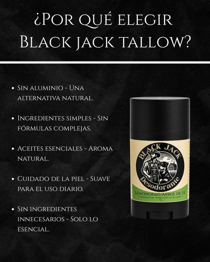 Infografía ¿Por qué elegir Black Jack Tallow?: sin aluminio, ingredientes simples, aceites esenciales, suave para uso diario y solo lo esencial

