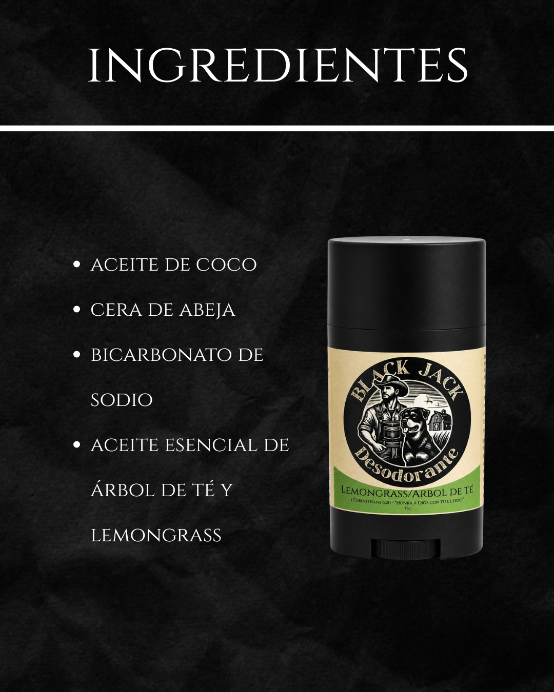 Gráfico de ingredientes del Desodorante Black Jack: aceite de coco, cera de abeja, bicarbonato de sodio y aceite esencial de árbol de té y lemongrass

