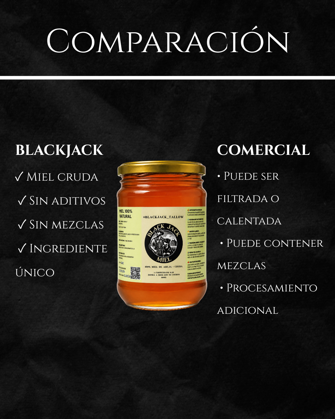 Comparación miel cruda Black Jack vs miel comercial — sin aditivos, sin mezclas, ingrediente único