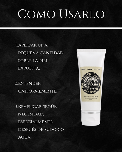 Guía de uso de la Pomada Repelente Black Jack: aplicar sobre la piel expuesta, extender uniformemente y reaplicar según necesidad, especialmente después de sudar o mojarse

